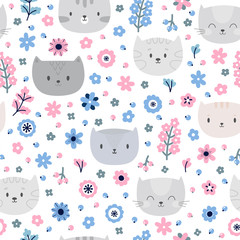 Cute background. Kids seamless pattern with cats. Funny animals on dark backdrop. Great for fabric and textile