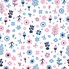 Cute floral seamless pattern with flowers and berries. Scandinavian style design. Colored background