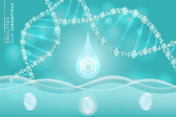 Hyaluronic acid skin solutions ad, blue collagen serum drop with cosmetic advertising background ready to use, illustration vector.