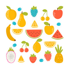 Set of organic tropical fruit. Fresh vegan kitchen. Hand drawn apple, lemon, orange, strawberry, pineapple, watermelon, dragon fruit, cherry and banana