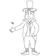 Leprechaun. Sketch. An elf wearing a hat tosses a coin with a clover emblem. Vector illustration. Isolated background. Coloring book for children. Saint Patrick Day. Magical.  Doodle style.