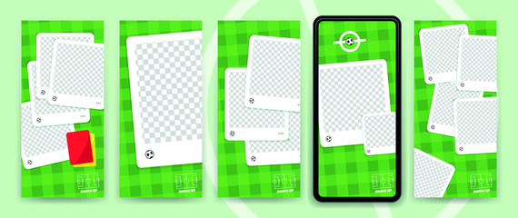 Football / Soccer instagram stories template to reporting live scores. Trendy flat vector on green background.