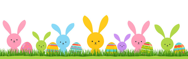 Easter bunnies on green grass with colored eggs. Festive spring banner poster.
