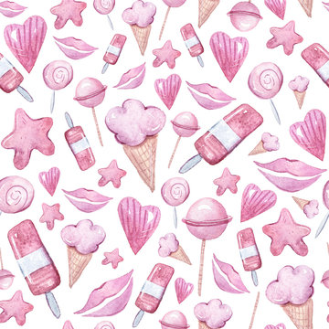 Watercolor hand painted ice cream, lips clipart. Seamless pattern on white background.Lips, ice cream, sweets, star, heart collection. Perfect for textile design, fabric, wrapping paper, scrapbooking