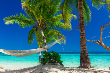 Palm trees on a white sandy beach at Plantation Island, Fiji, South Pacific