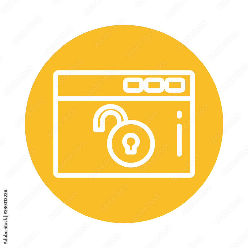 Poster window with open padlock, block and flat style icon