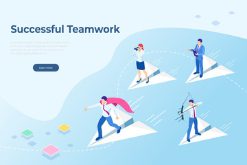 Isometric Start up concept. Income and success. Project development. Mobile apps. Successful teamwork page concept. Office workers planing business mechanism
