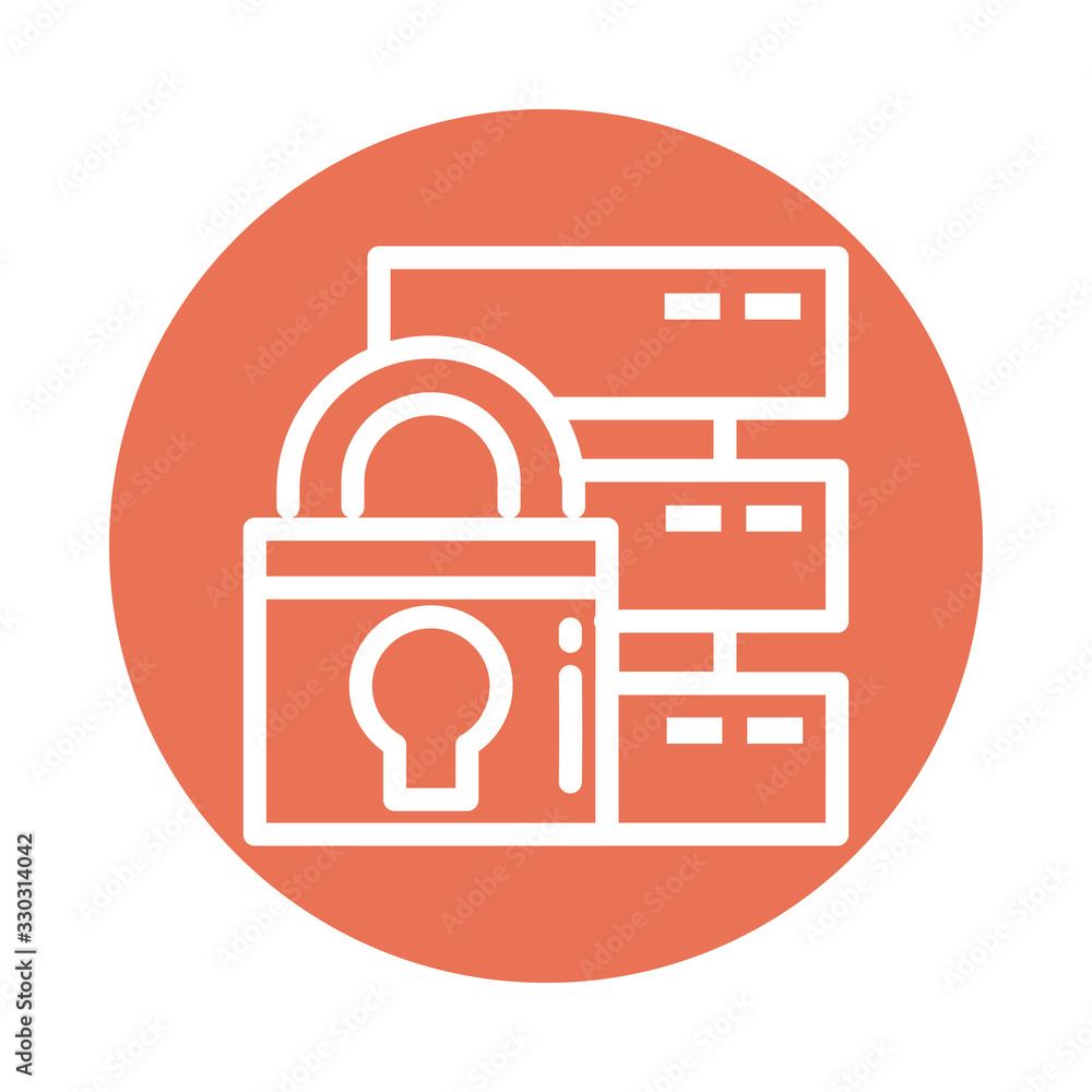 Sticker padlock with database, block and flat style icon