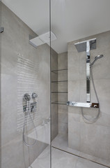 modern bathroom with a shower cabin and a door to the ceiling made of Canaletto veneer