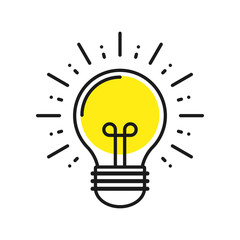 Vector illustration. Light bulb with rays shine. Energy and idea symbol.
