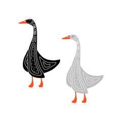 A hand-drawn goose is isolated. Engraved vector illustration style. Template for your design work.Two birds black and grey with folk pattern.suitable for fabrics, banners, postcards, children s books.