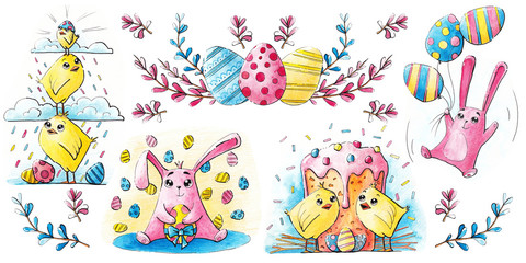 Watercolor set with Easter Bunny, chickens and eggs