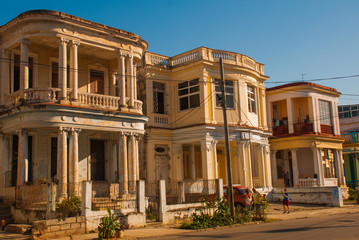HAVANA, CUBA- MARCH 2018: landscape with a view of beautiful Cuban houses on a local street