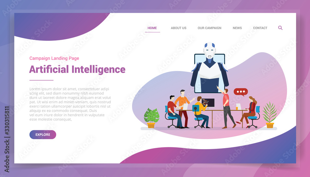 Poster ai artificial intelligence or robot development for website template or landing homepage design camp