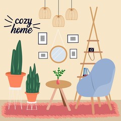 Scandinavian interior in Hygge style. interior stylish comfy furniture and home decoration, hugge table and Lounge chairs, cozy home concept. Cartoon vector illustration. Trendy Scandinavian style.