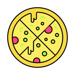 Round Shape Pizza concept vector color icon design, over baked meal topped with tamatoes and green pepper concept