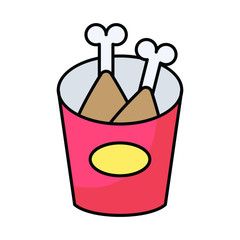 Brown Chicken Chunks in Red bucket Concept, Fastfood Turkey Drumstick on white background, Chicken Fried Legs Vector Color Icon Design
