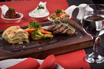steak with vegetables and lunch