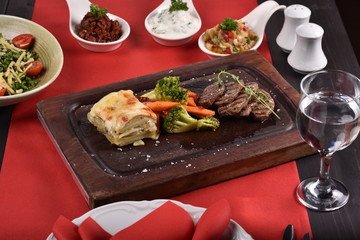 steak with vegetables and lunch