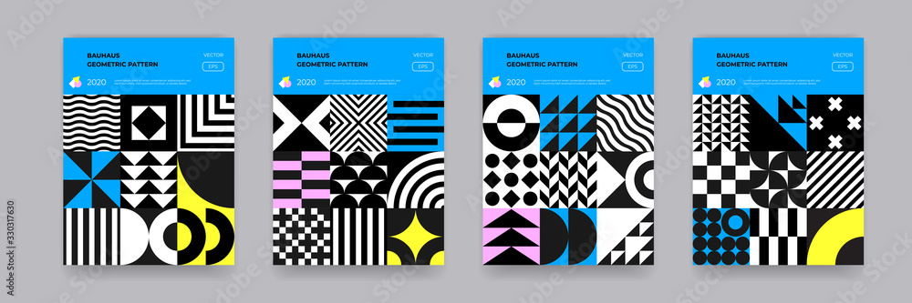 Poster Bauhaus geometric pattern background, vector abstract geometric circle, triangle and square lines art. Black and white color Bauhaus or Swiss patterns backgrounds set