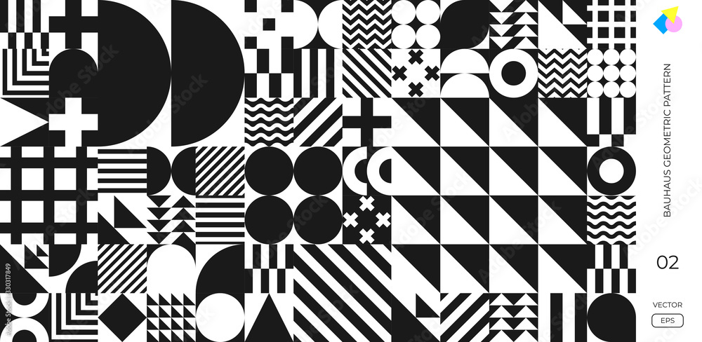 Leinwandbilder Bauhaus pattern background, Swiss geometric shape design vector poster. Abstract Memphis or Bauhaus style retro art with circle, triangle, circle and square line pattern