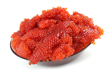 Red caviar in dish isolated on white