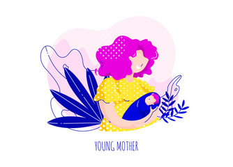 Young mother with baby and leaves on pink background. Cute card in flat linear style. Vector banner.