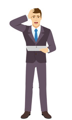 Shocked Businessman holding digital tablet PC and grabbed his head. Full length portrait of Businessman in a flat style.