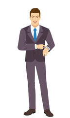 Obraz premium Smiling Businessman pointing at his watch. Full length portrait of Businessman in a flat style.