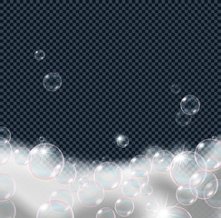 Soap foam bubbles isolated on transparent background. Realistic looking vector illustration.	