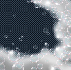 Soap foam bubbles isolated on transparent background. Realistic looking vector illustration.	
