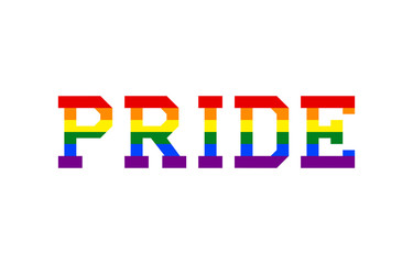Pride text with rainbow LGBT flag on white background