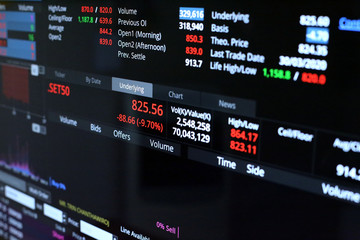 Thailand Stock Exchange, Streaming Trade Screen, The stock screen shows a list of stocks with reduced value.