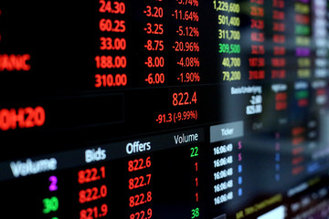 Naklejka premium Thailand Stock Exchange, Streaming Trade Screen, The stock screen shows a list of stocks with reduced value.