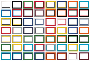 Set of textural decorative multicolored rectangular frames. Templates for creative work with free white space, isolate.