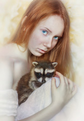 red-haired girl with raccoon