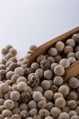 white peppercorns in wooden scoop on white background