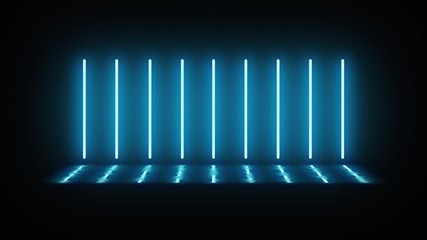 Neon vertical lamps alternately turn on, glow and turn off in the dark. Lamps glow with blue light. In puddles reflection from lamps. Black background. Motion graphics.