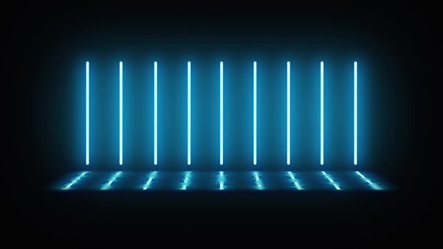 Neon vertical lamps alternately turn on, glow and turn off in the dark. Lamps glow with blue light. In puddles reflection from lamps. Black background. Motion graphics.