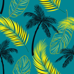 Vector seamless tropical pattern with palm tree and leaves on emerald background. Vector  floral illustration for textile, print, wallpapers, wrapping.