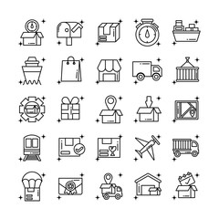 set of icons freight delivery logistics , line style icon