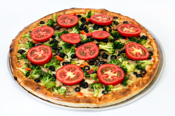 Pizza with mushrooms, cauliflower, tomato olives and cheese on a dish on a white background