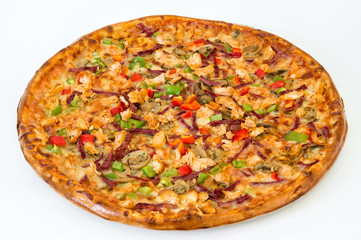 Ham pizza with vegetables and cheese on a plate on a white background