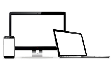 Computer monitor, laptop and mobile phone with blank screen