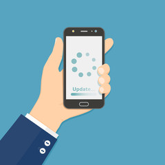 Hand holding smartphone with update loading process, vector illustration, flat design