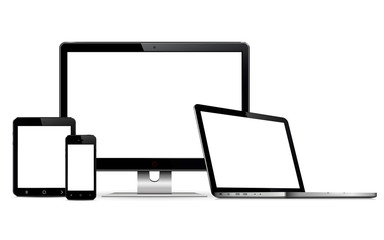 Responsive web design computer display with laptop and tablet pc with mobile phone isolated