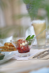 Appetizing gourmet dish fried ice cream dessert on the table in a restaurant in the style of Provence