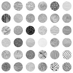 A large set of round textures drawn with marker on paper. Black and white seamless pattern. Cute print for textiles. Vector illustration.