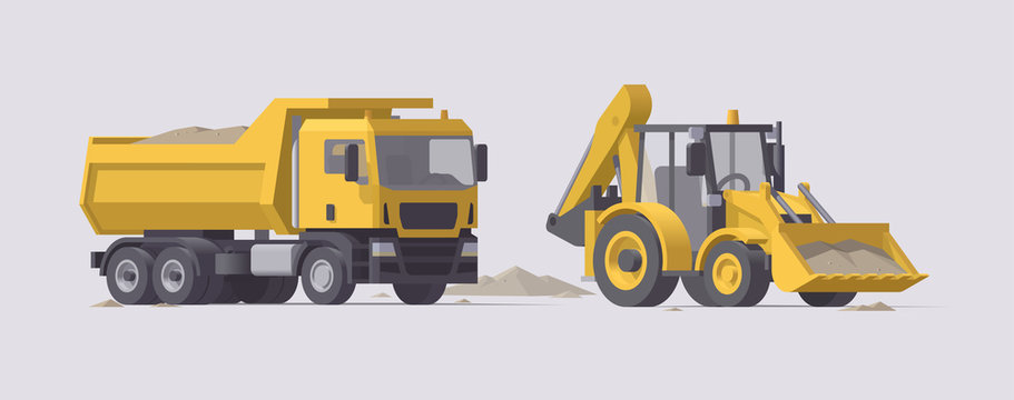 Vector dump truck with sand & backhoe loader set. Isolated illustration