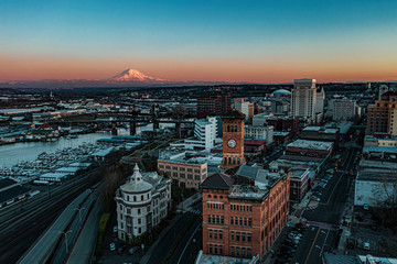 Sunset over Downtown Tacoma, WA with Mt.Rainier in sight
